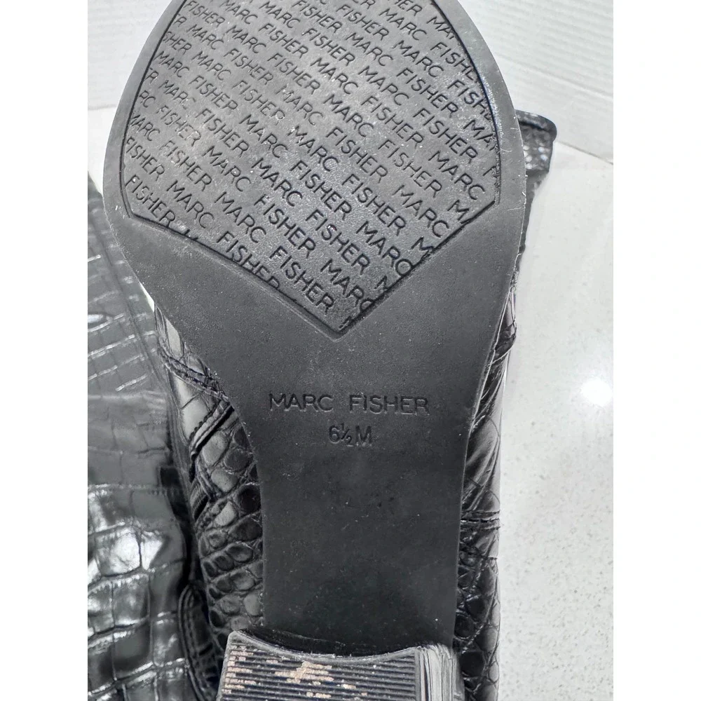 Marc Fisher Lalena 2‎ Black Boots Block Heel Knee High Croc Embossed 6.5M
